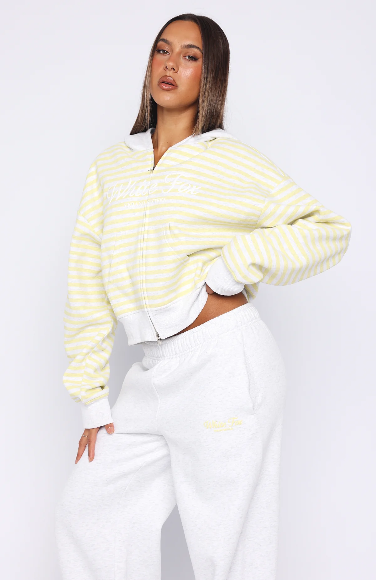 Verano Sixteen Maria Boxy Zip Front Hoodie Grey Marle/Lemon Stripe - Image 5