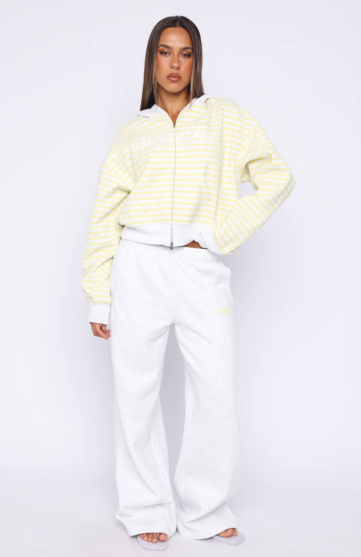 Verano Sixteen Maria Boxy Zip Front Hoodie Grey Marle/Lemon Stripe - Image 7