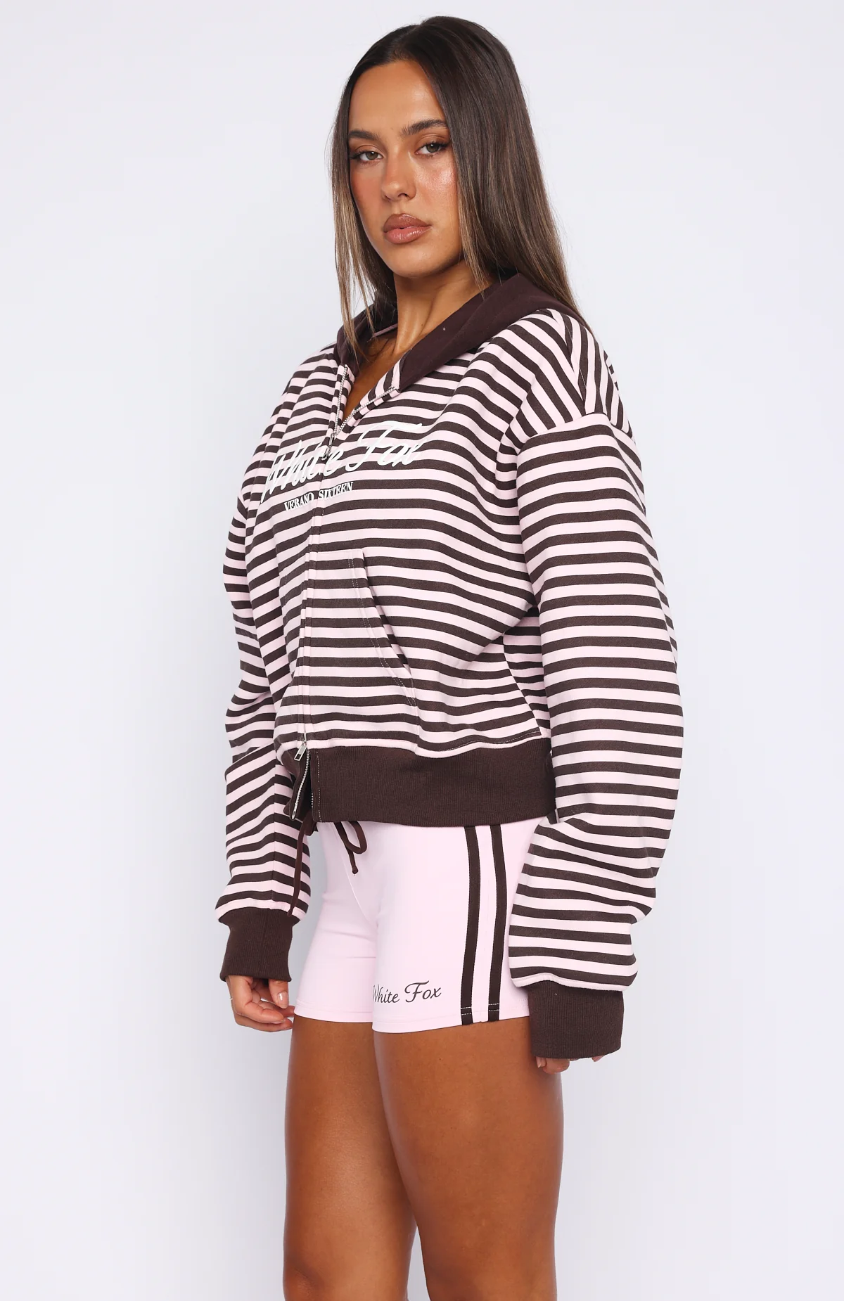 Verano Sixteen Maria Boxy Zip Front Hoodie Pink/Choc Stripe - Image 3