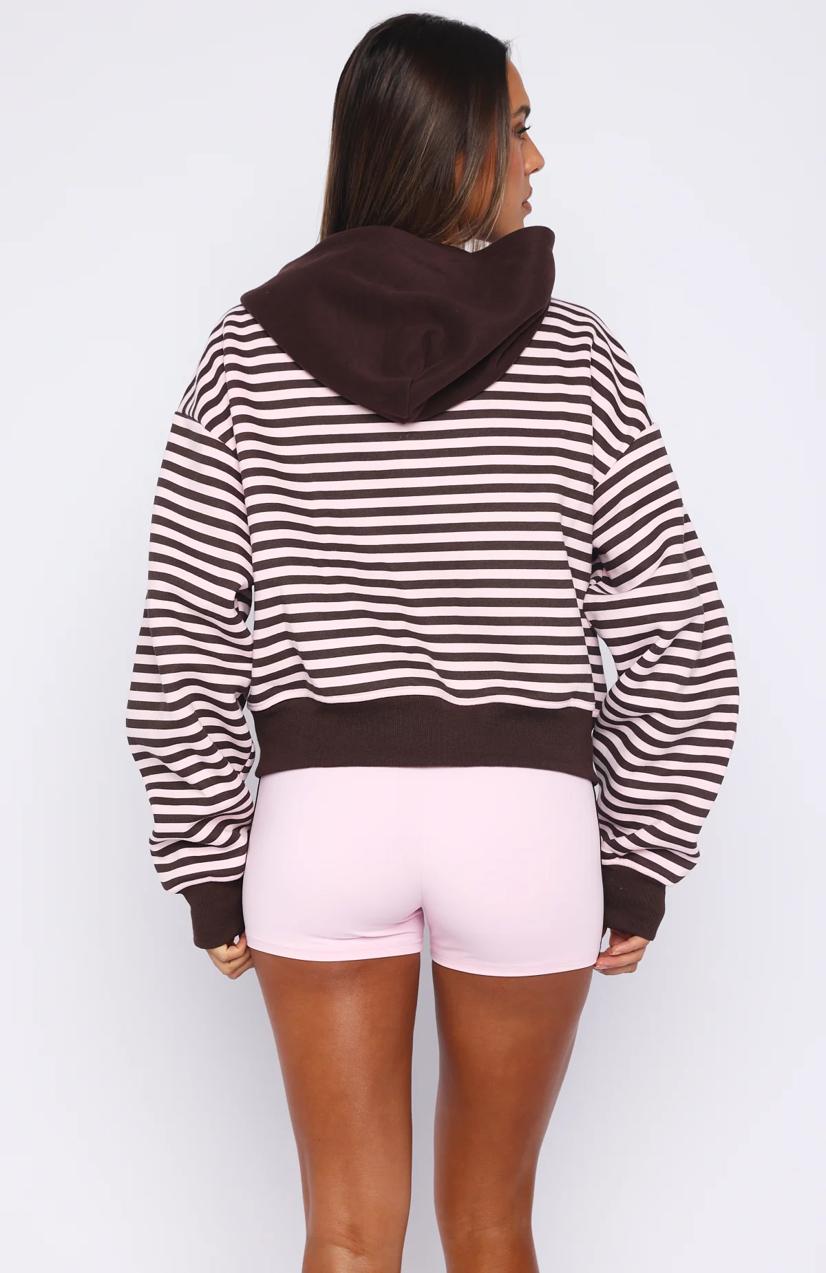 Verano Sixteen Maria Boxy Zip Front Hoodie Pink/Choc Stripe - Image 4