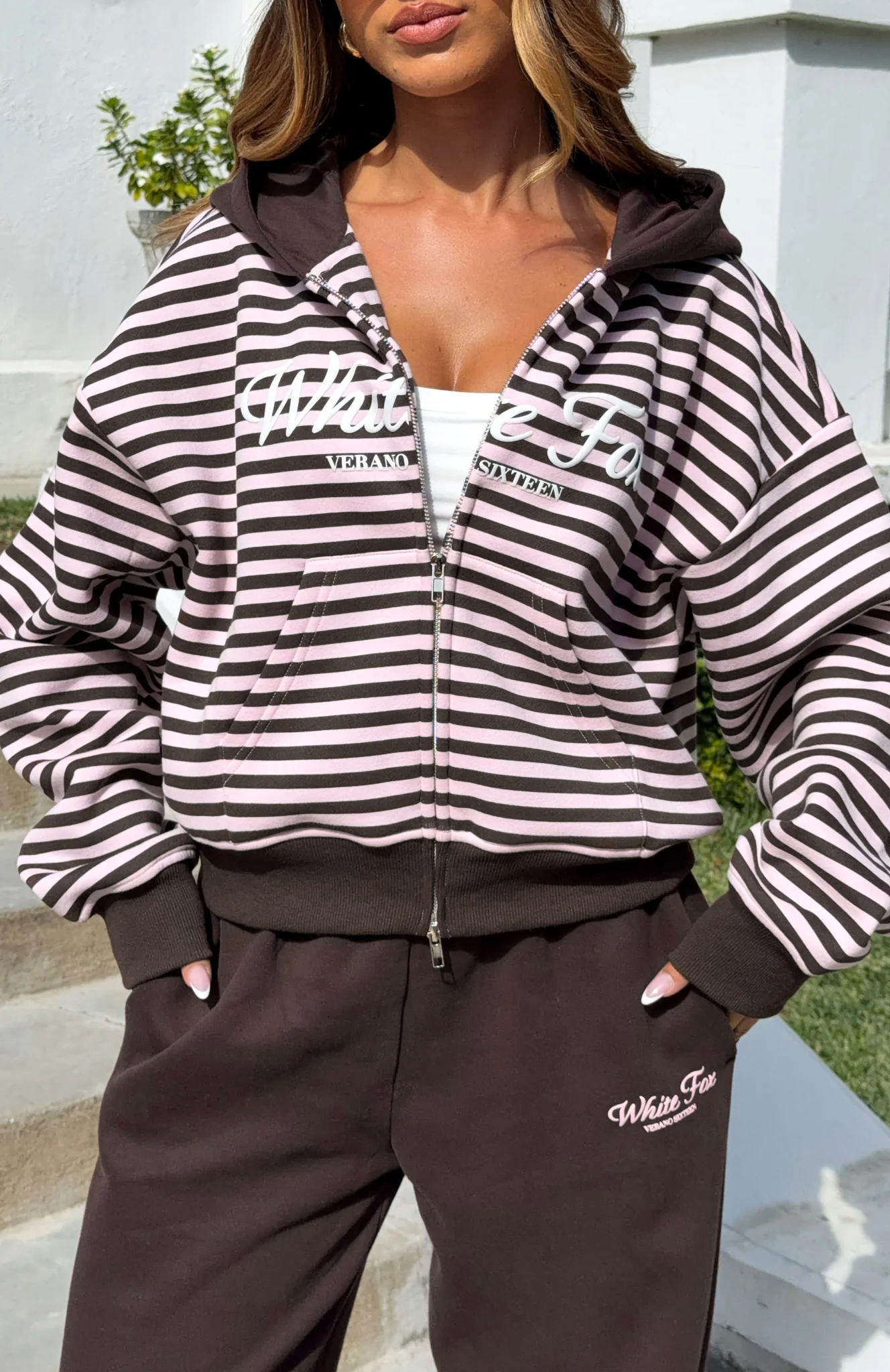 Verano Sixteen Maria Boxy Zip Front Hoodie Pink/Choc Stripe - Image 7