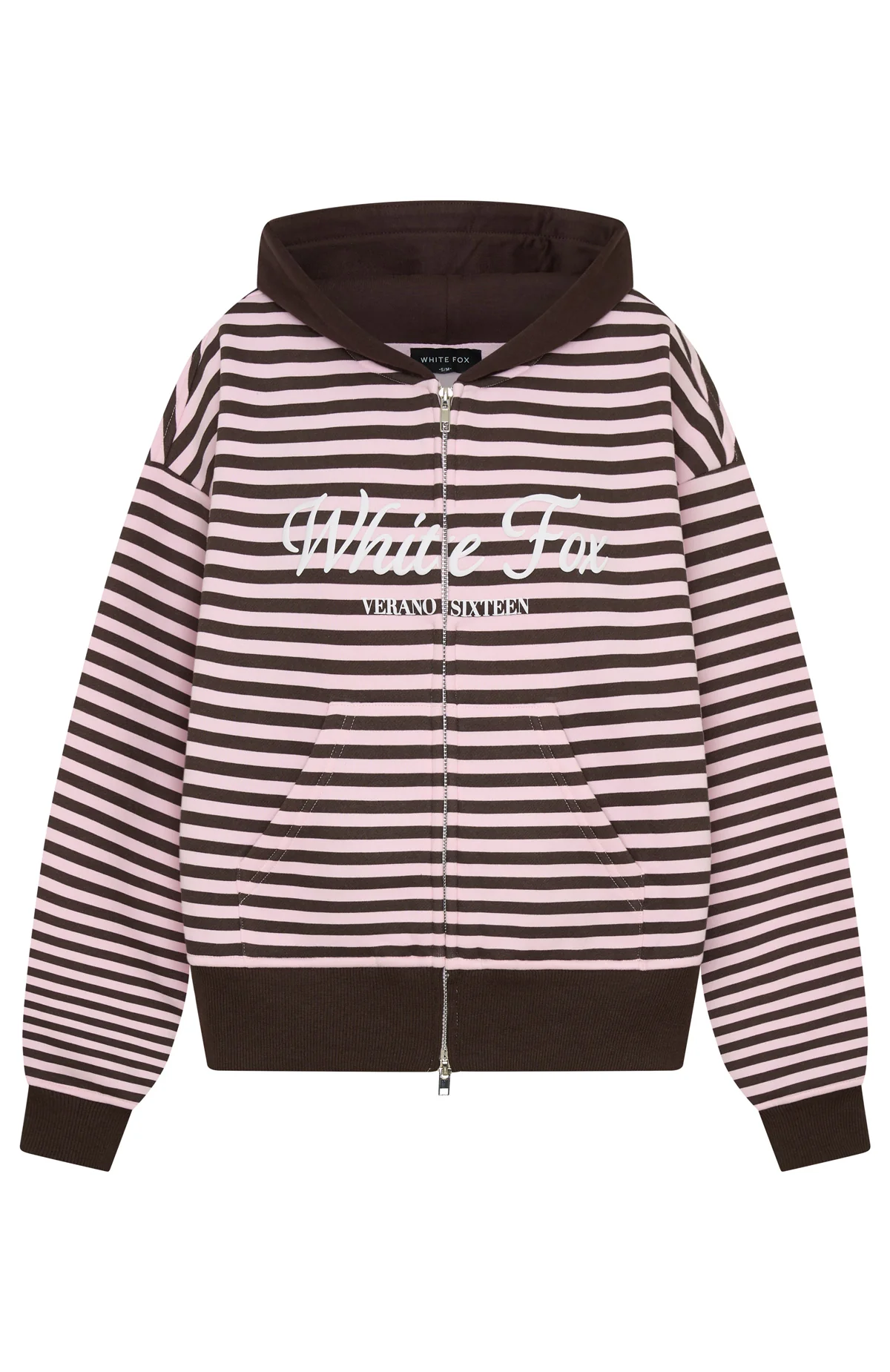 Verano Sixteen Maria Boxy Zip Front Hoodie Pink/Choc Stripe - Image 9