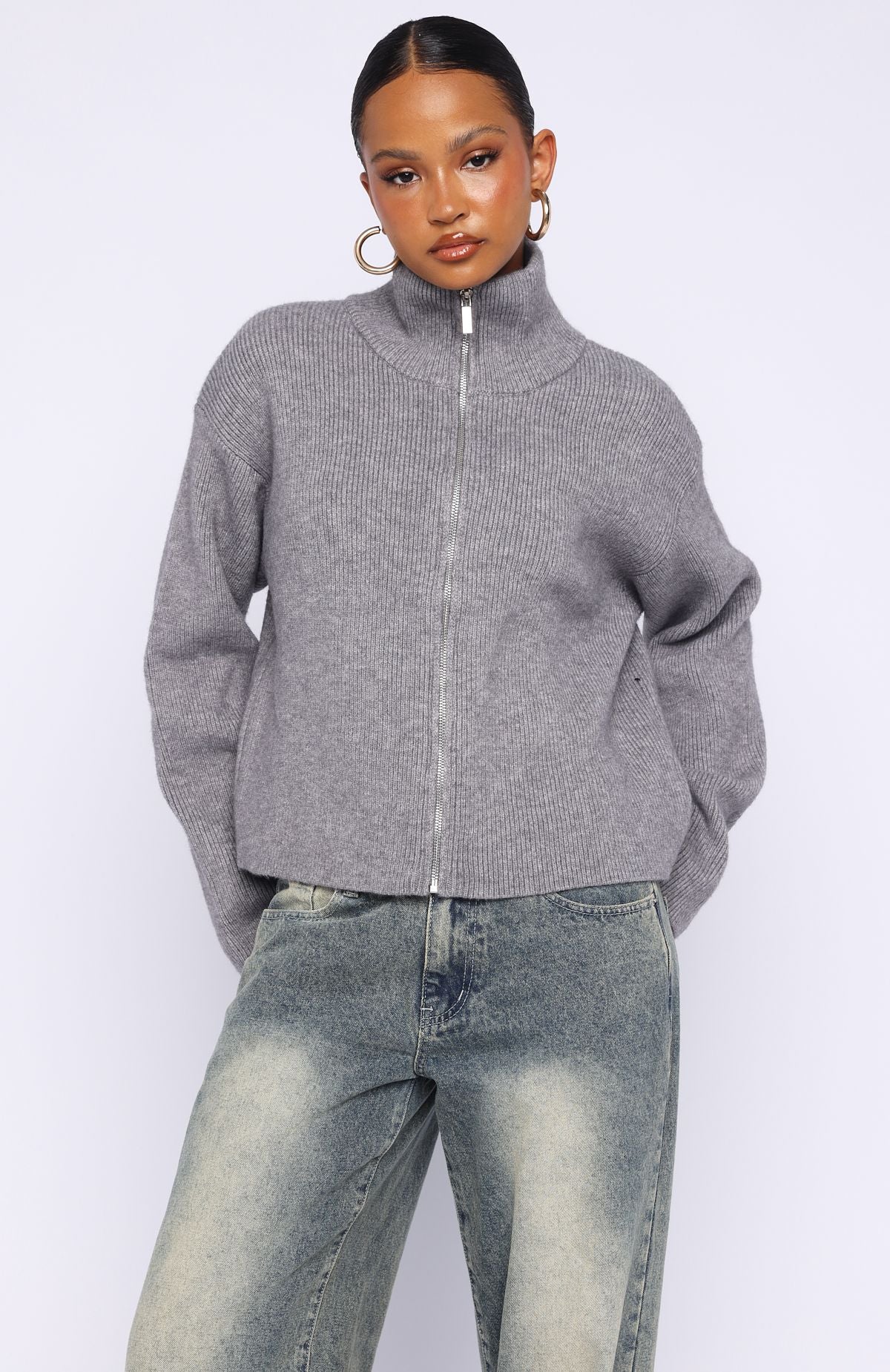 Violetta Zip Knit Cardigan Smokey Grey - Image 2