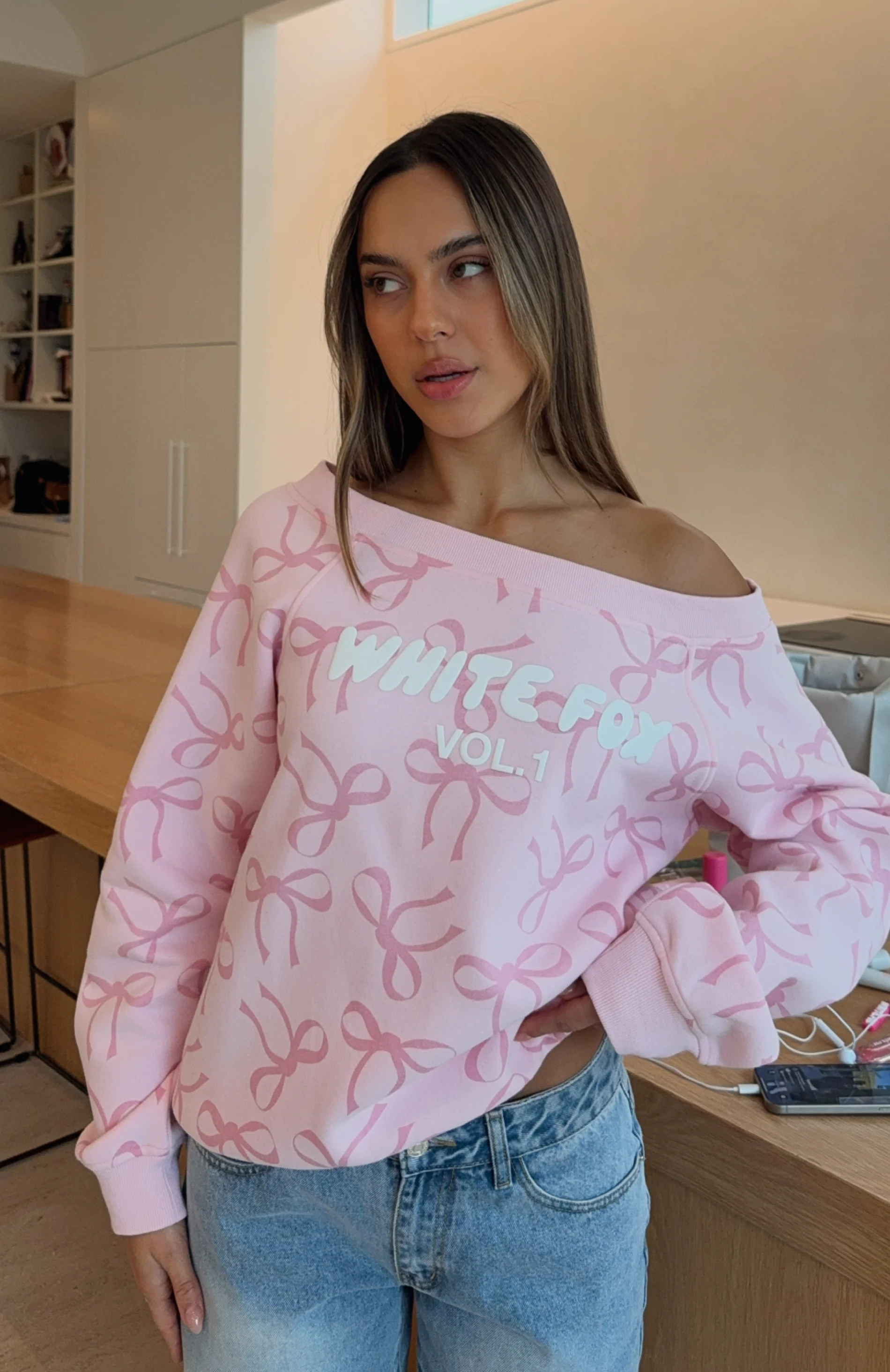 Vol. 1 Off Shoulder Printed Sweater Posy Bow - Image 6