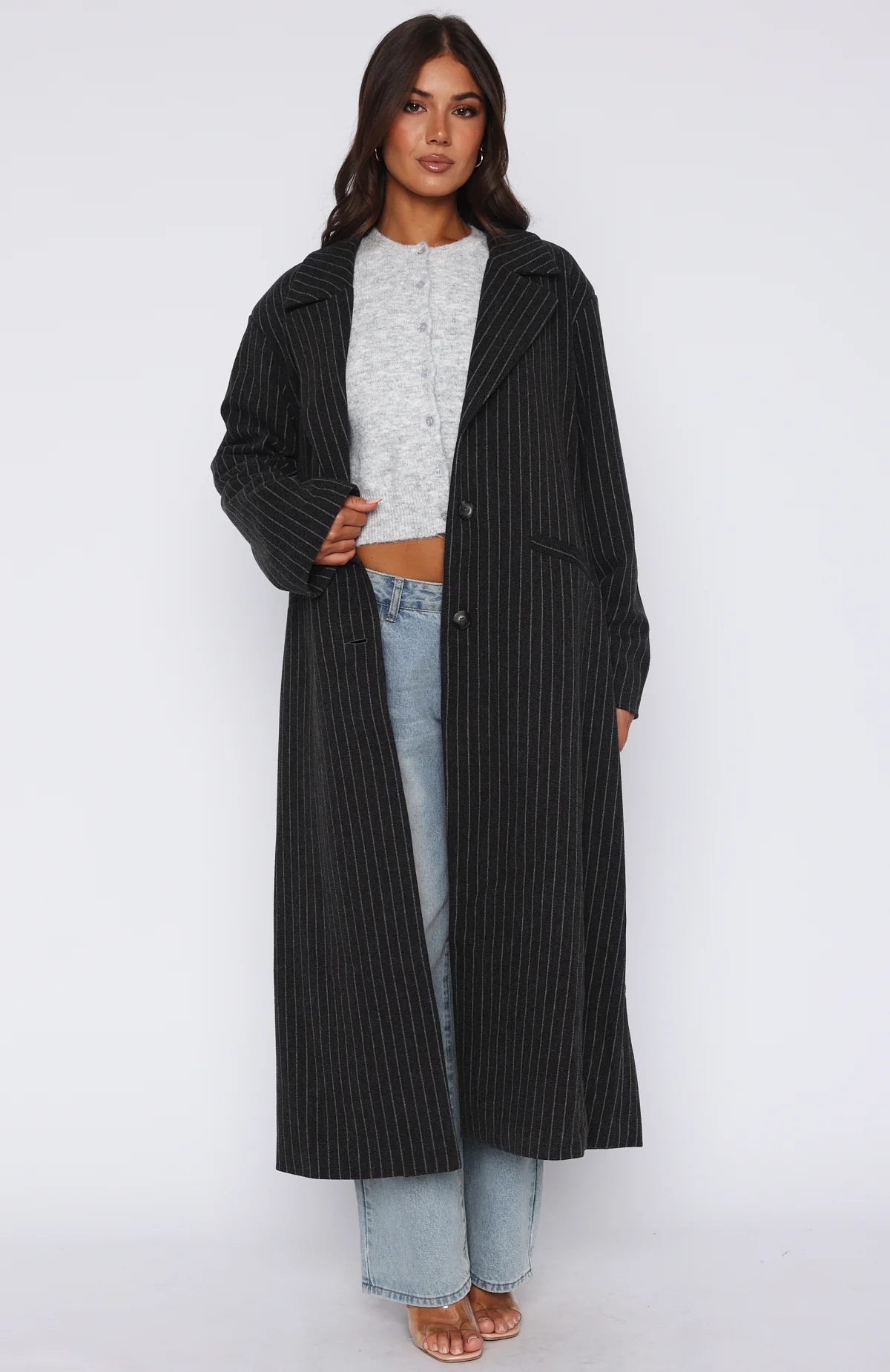 Walk By Me Oversized Coat Charcoal Pinstripe - Image 2