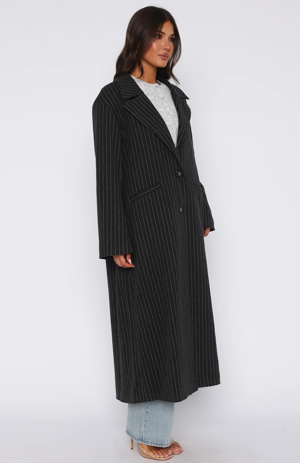 Walk By Me Oversized Coat Charcoal Pinstripe - Image 3