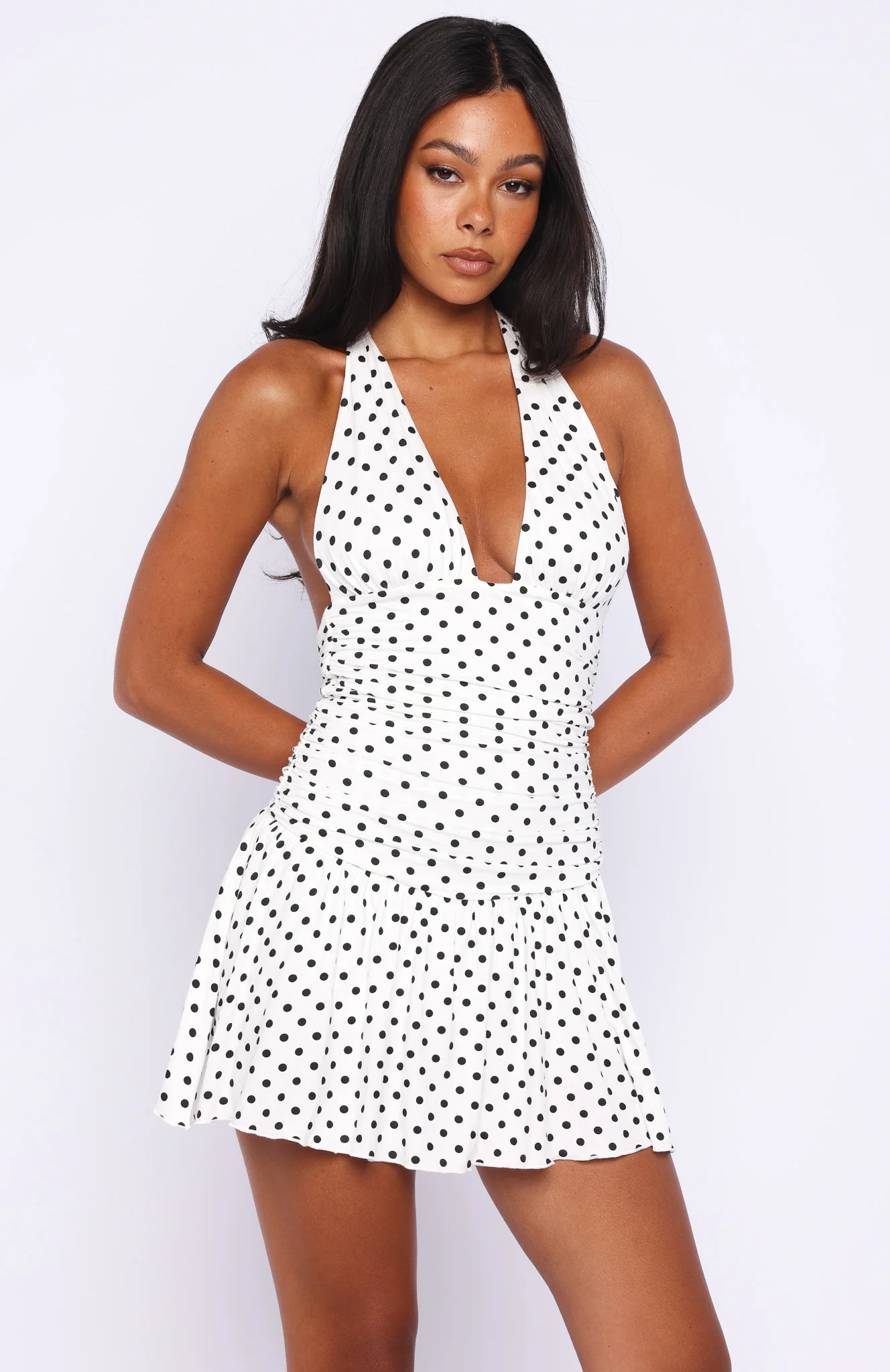 Whispered Dreams Halter Mini Dress White/Black Polka Dot - Image 2