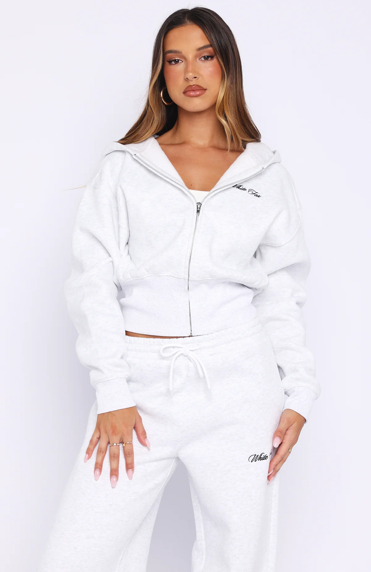 Wishing For It Cropped Cinched Zip Front Hoodie Grey Marle - Image 3