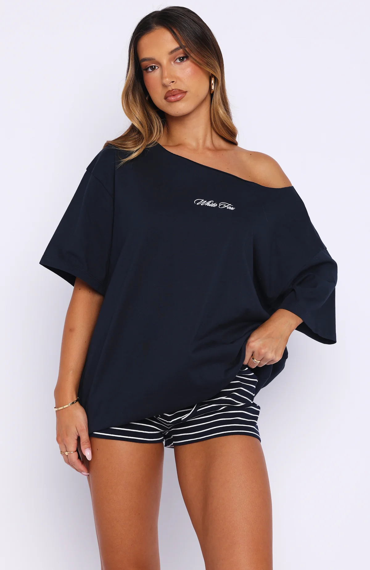 Wishing For It Off Shoulder Oversized Tee Navy - Image 2