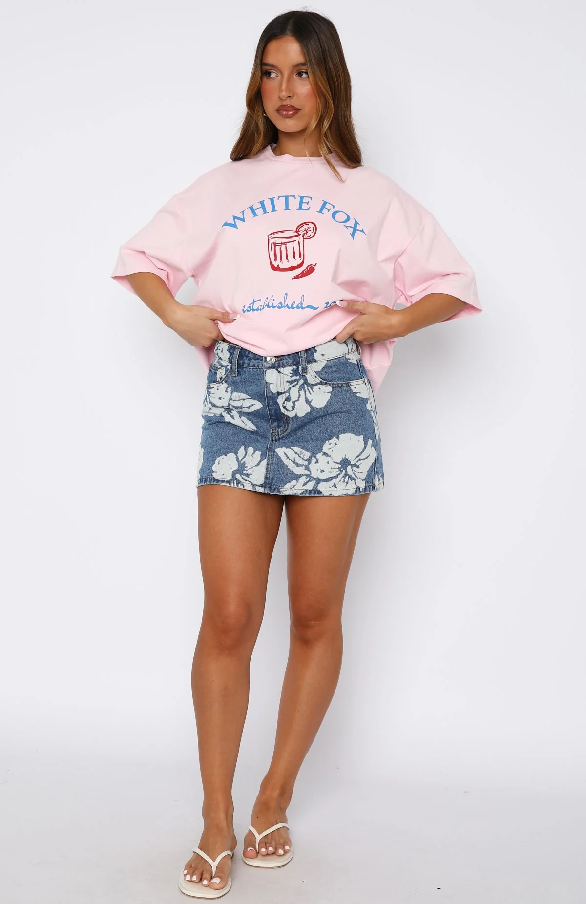 Won't Stop Searching Denim Mini Skirt Flower Print - Image 5