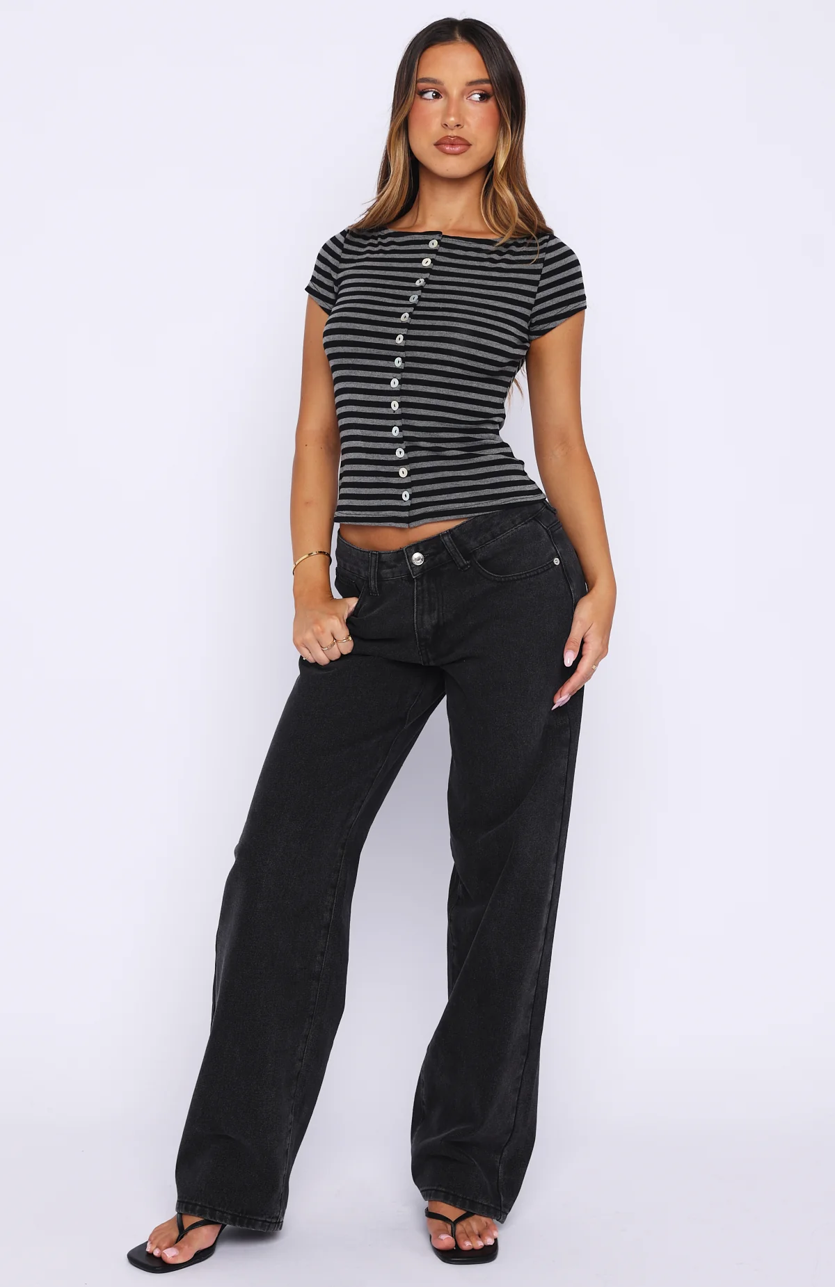 You Were Right Striped Button Up Top Dark Grey/Black Stripe - Image 5